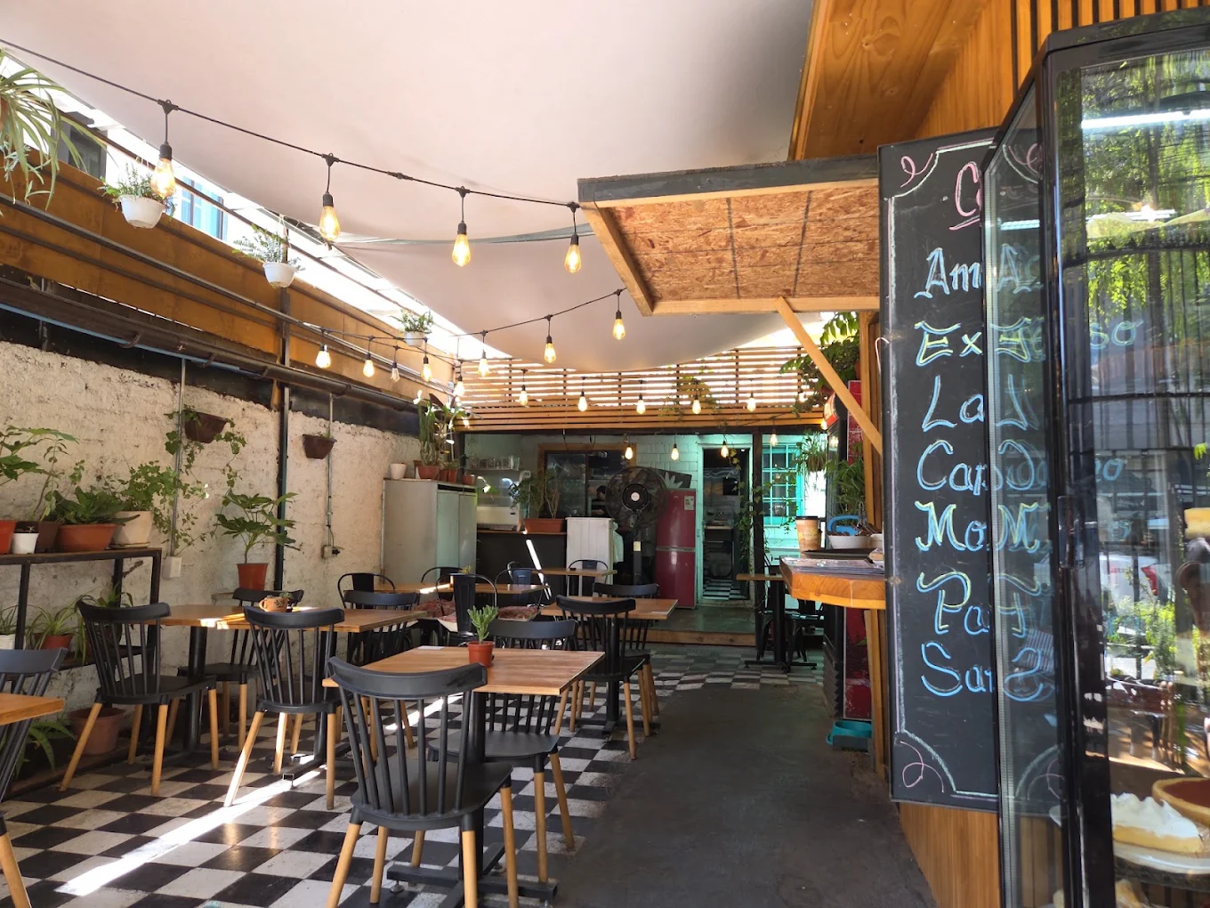 El patio de Caléndula de día: mesas de madera, sillas negras, plantas en repisas y la vitrina de pastelería.